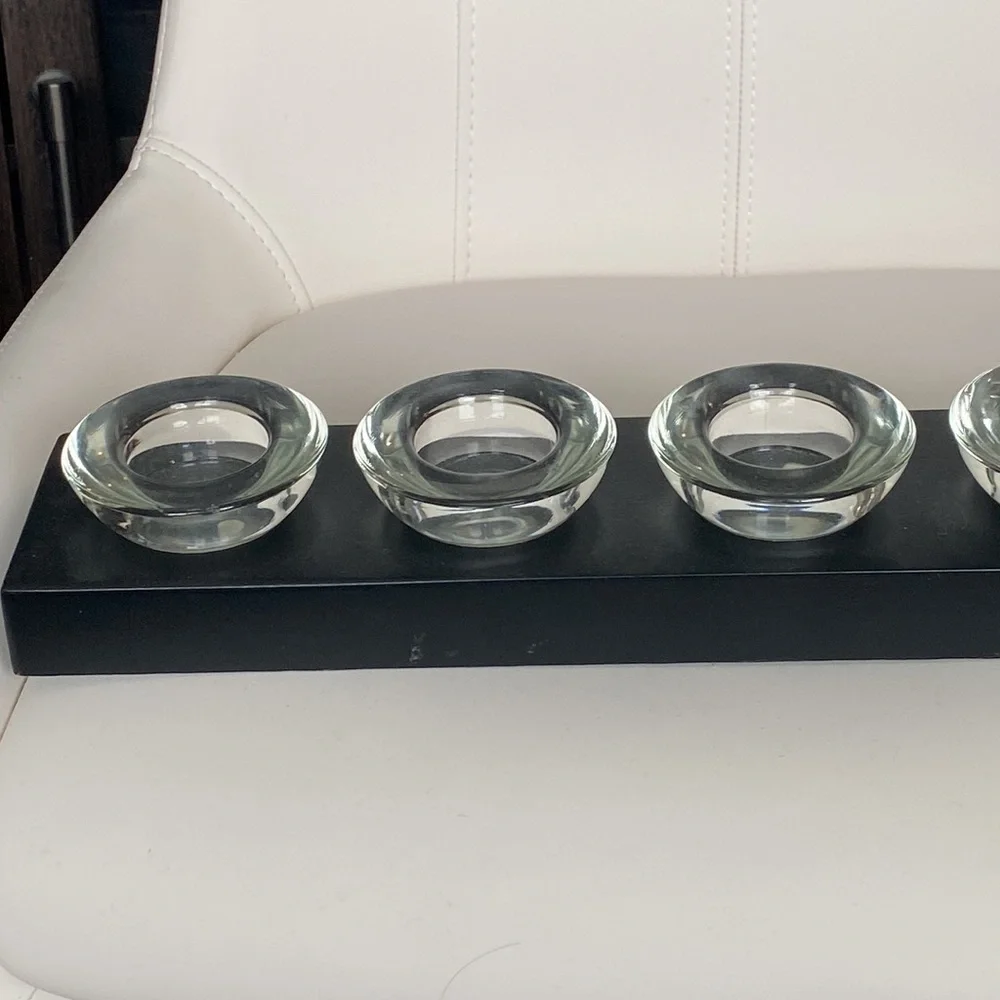 Vintage Pier 1 Black Wood 5 Glass Tea Light Candle Holder Tray.